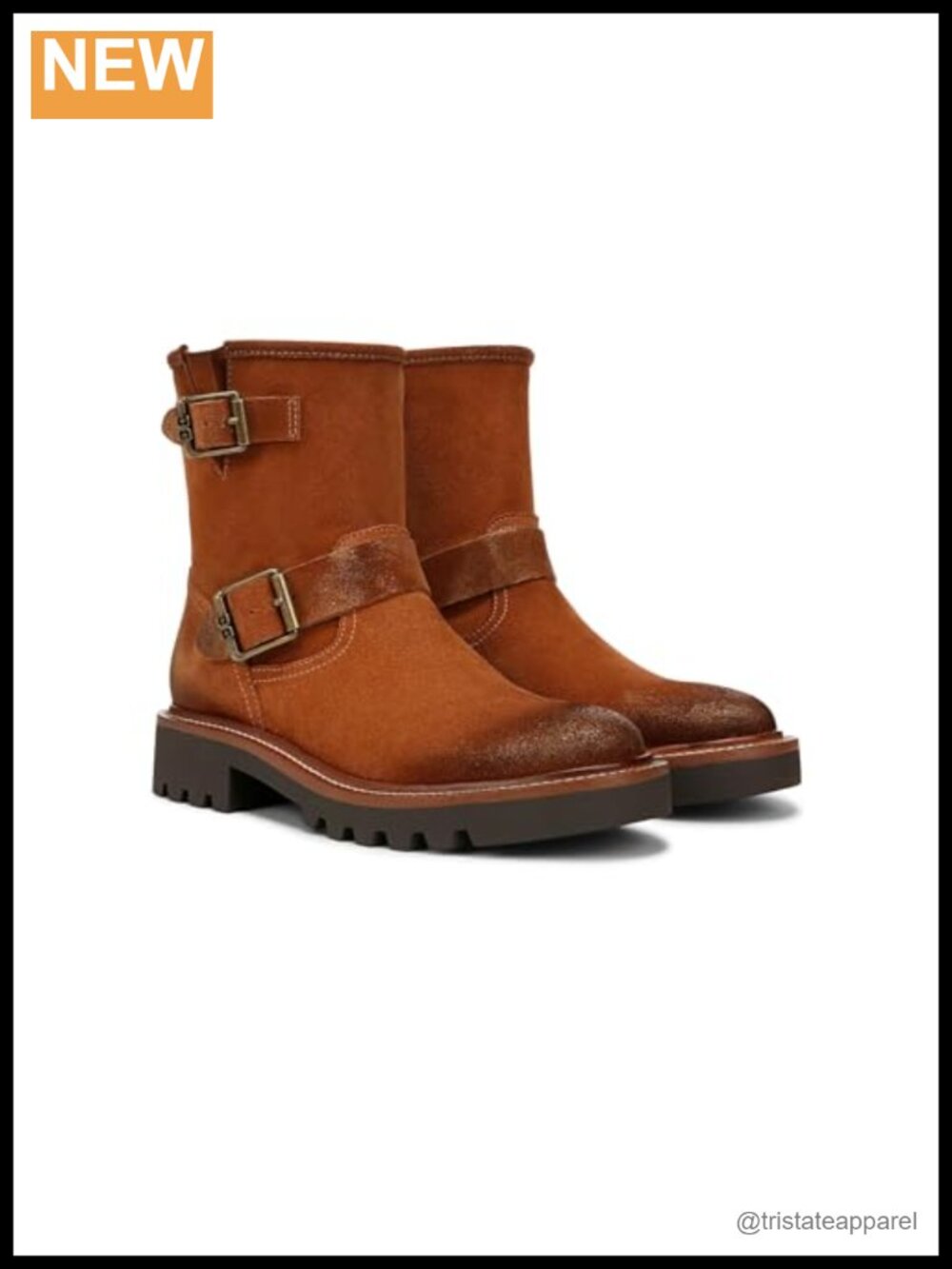 Women's Ankle Booties Leather Moto Boots with Buckle Details, Round Toe